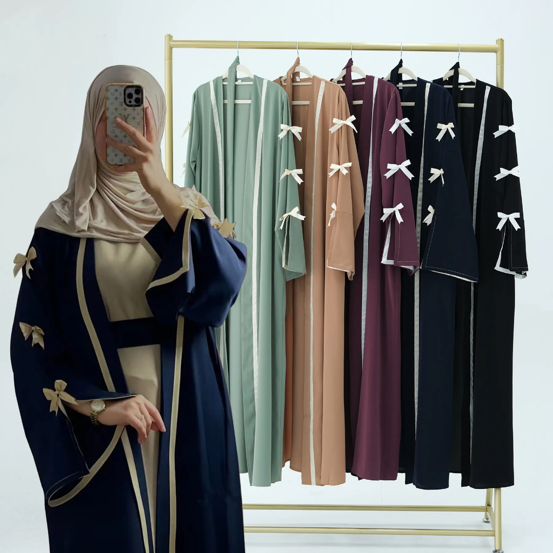 Islamic Abaya – Modest Open Kimono Style with Bowknots