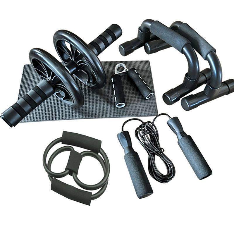 5-in-1 Home Fitness Workout Kit - Ab Roller, Jump Rope, Push-Up Bars, Hand Gripper & Resistance Band