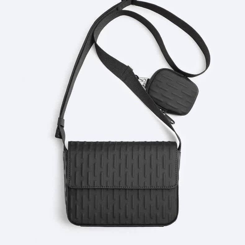 Stylish Black Textured Crossbody Bag with Detachable Mini Pouch - Unisex Design