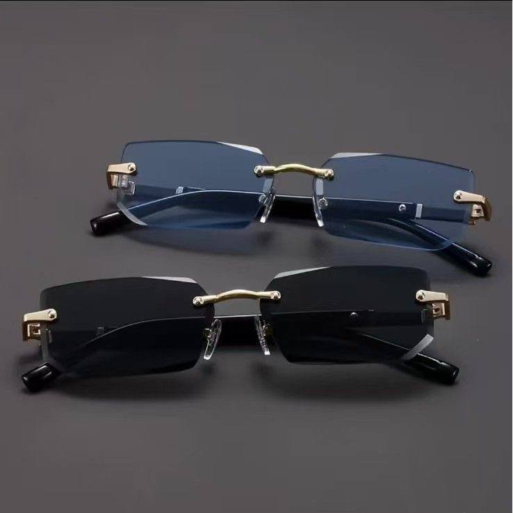 Rimless Rectangular Sunglasses - Blue & Black Tinted Lenses