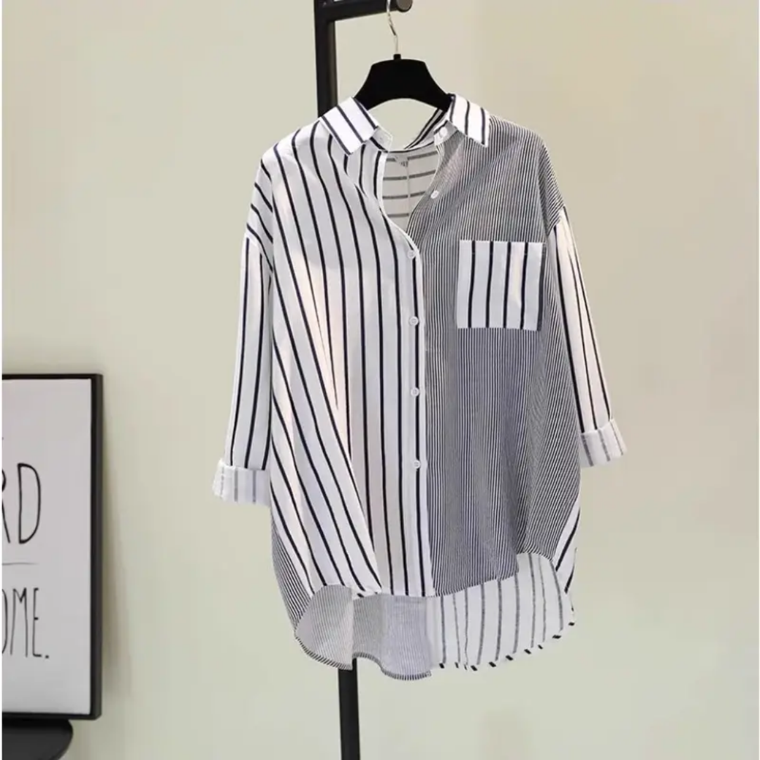 Cotton Linen Stripe Shirt – Color Block Design with Single Pocket